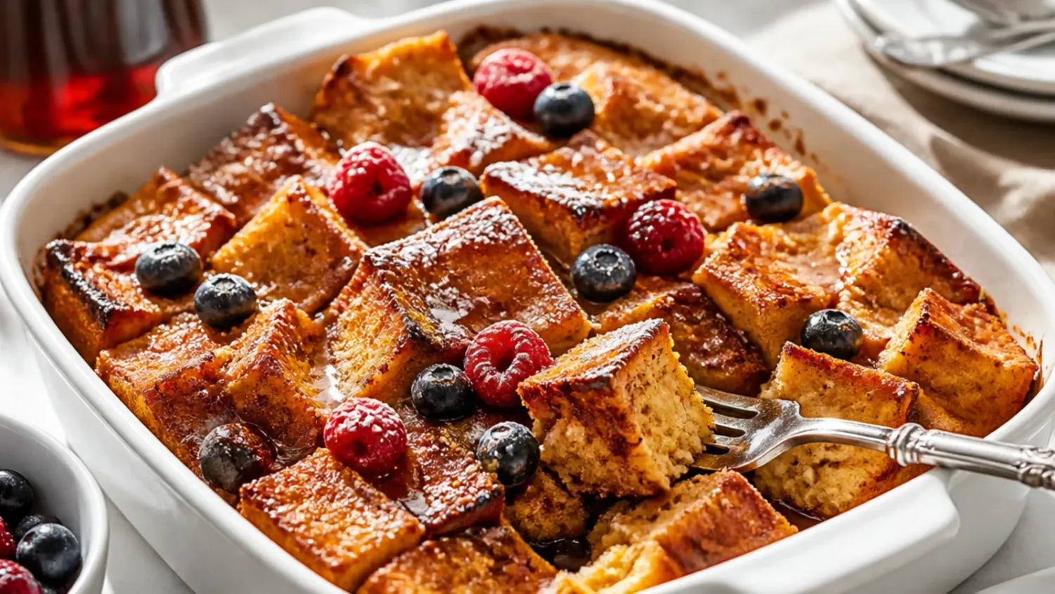 Golden baked pumpkin french toast casserole in a white dish, topped with pecan streusel and a drizzle of maple syrup
