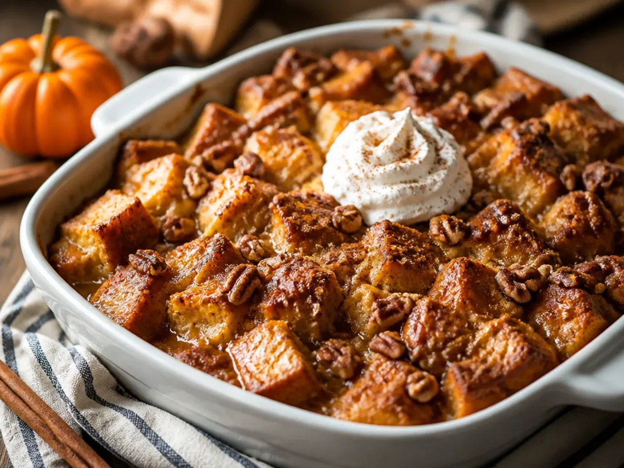 Overhead shot of pumpkin french toast casserole ingredients laid out including bread cubes, eggs, pumpkin puree and cinnamon