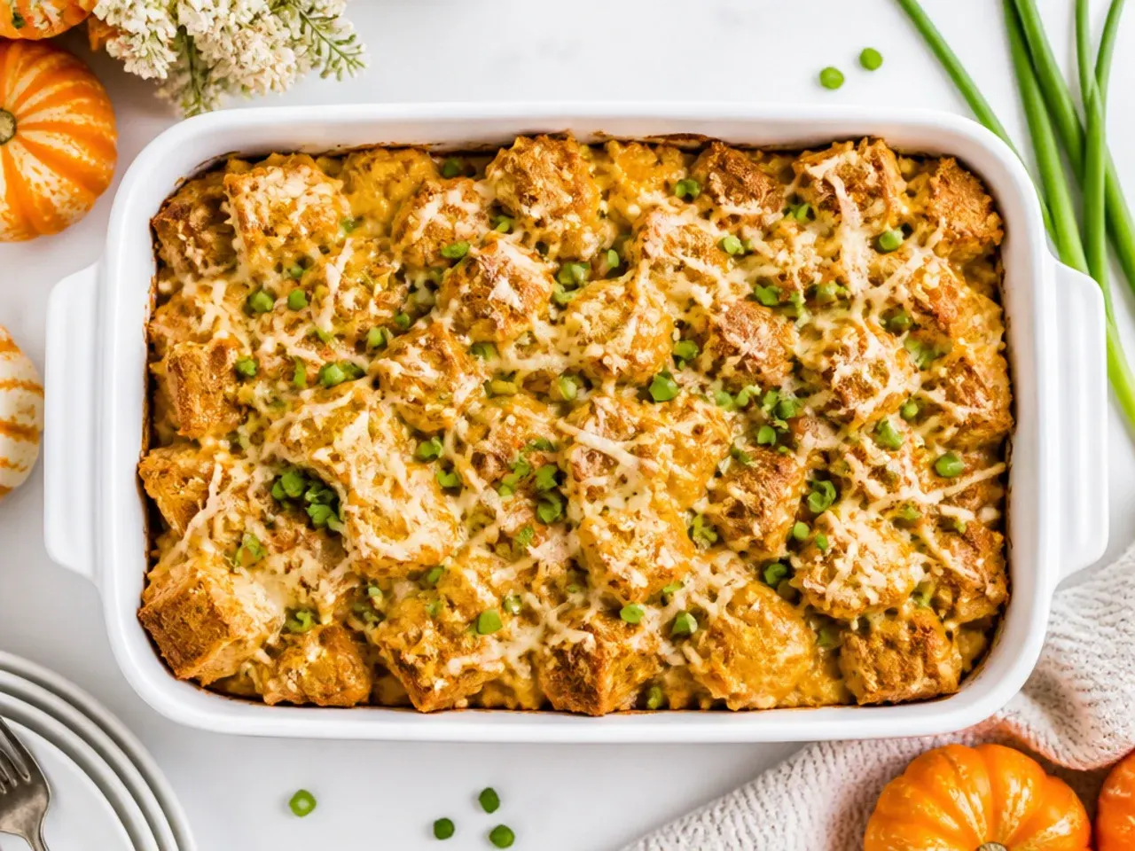 Close-up of classic pumpkin french toast casserole in a baking dish fresh from the oven