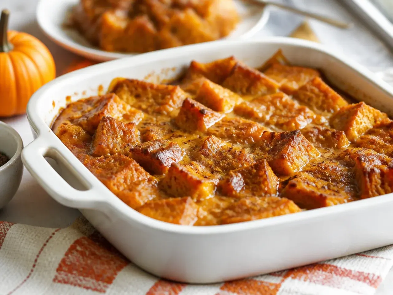 Hands pouring pumpkin custard over bread cubes in a baking dish for an easy french toast bake