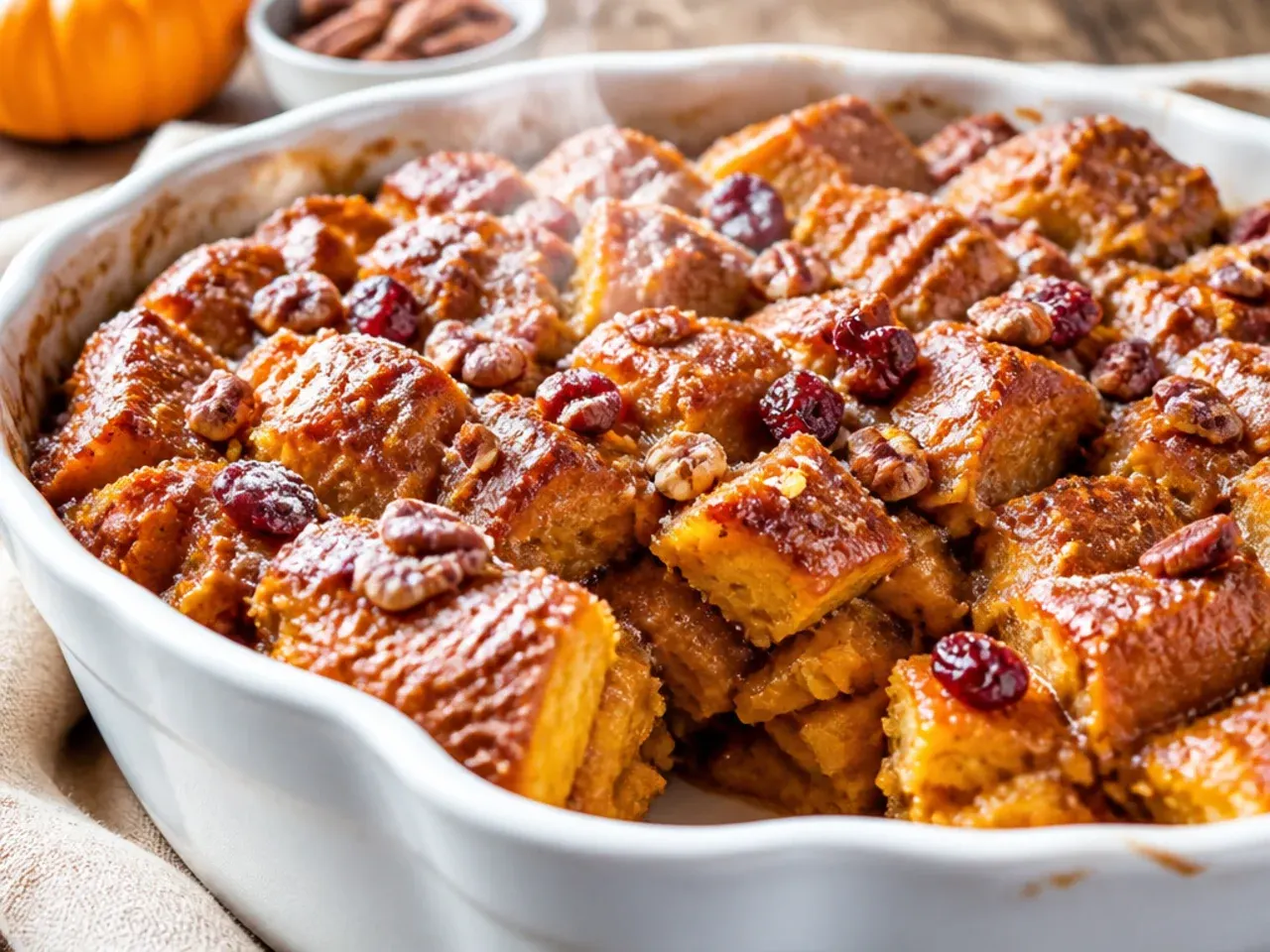 Sliced portion of cinnamon-spiced pumpkin french toast casserole dusted with cinnamon sugar