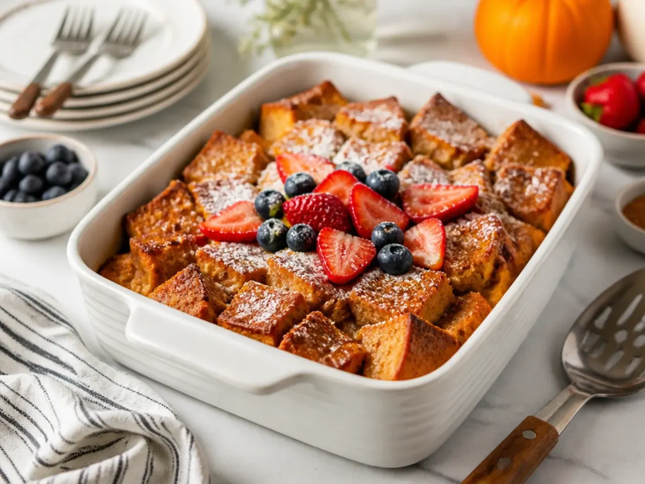 Simple five-ingredient pumpkin french toast casserole served in a bowl with a drizzle of syrup
