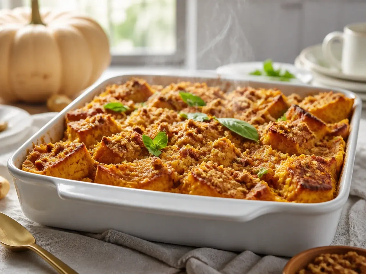 Spoon lifting a creamy mascarpone pumpkin french toast casserole showing the soft custard centre