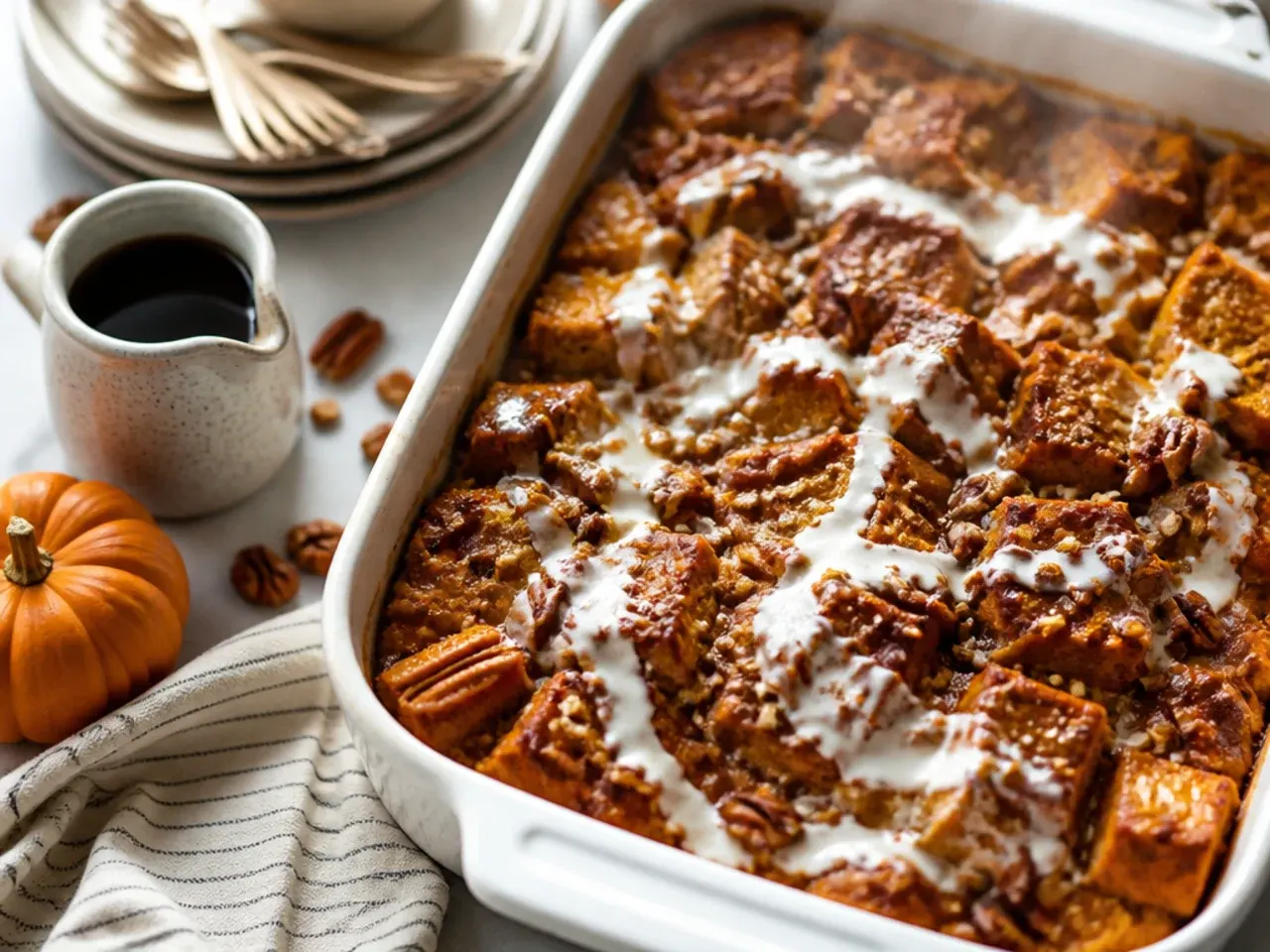 Pumpkin french toast casserole loaded with pecan streusel topping and maple syrup drizzle