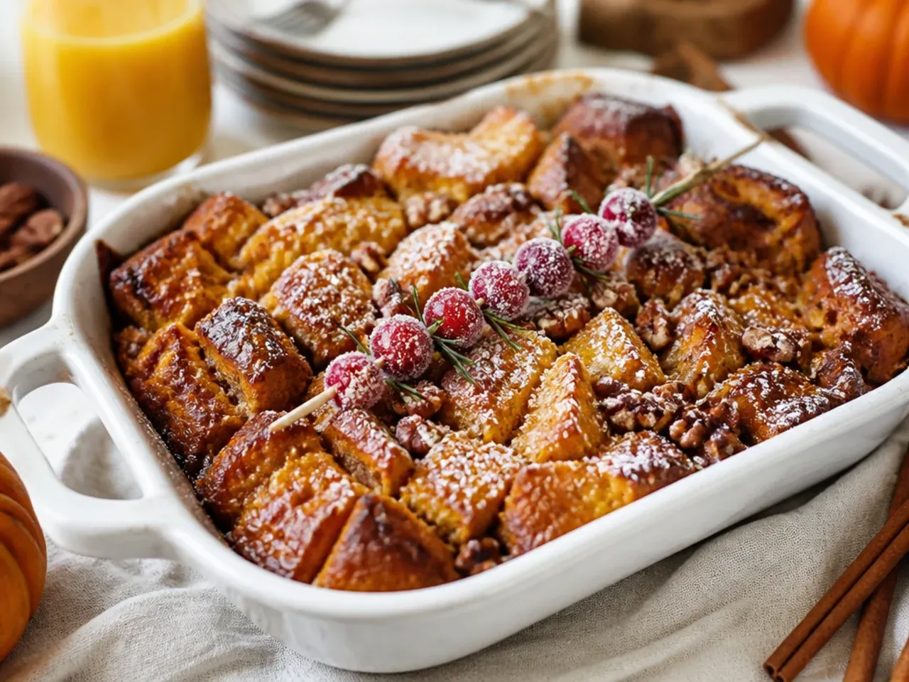 Golden brioche pumpkin french toast casserole cut into squares on a serving board