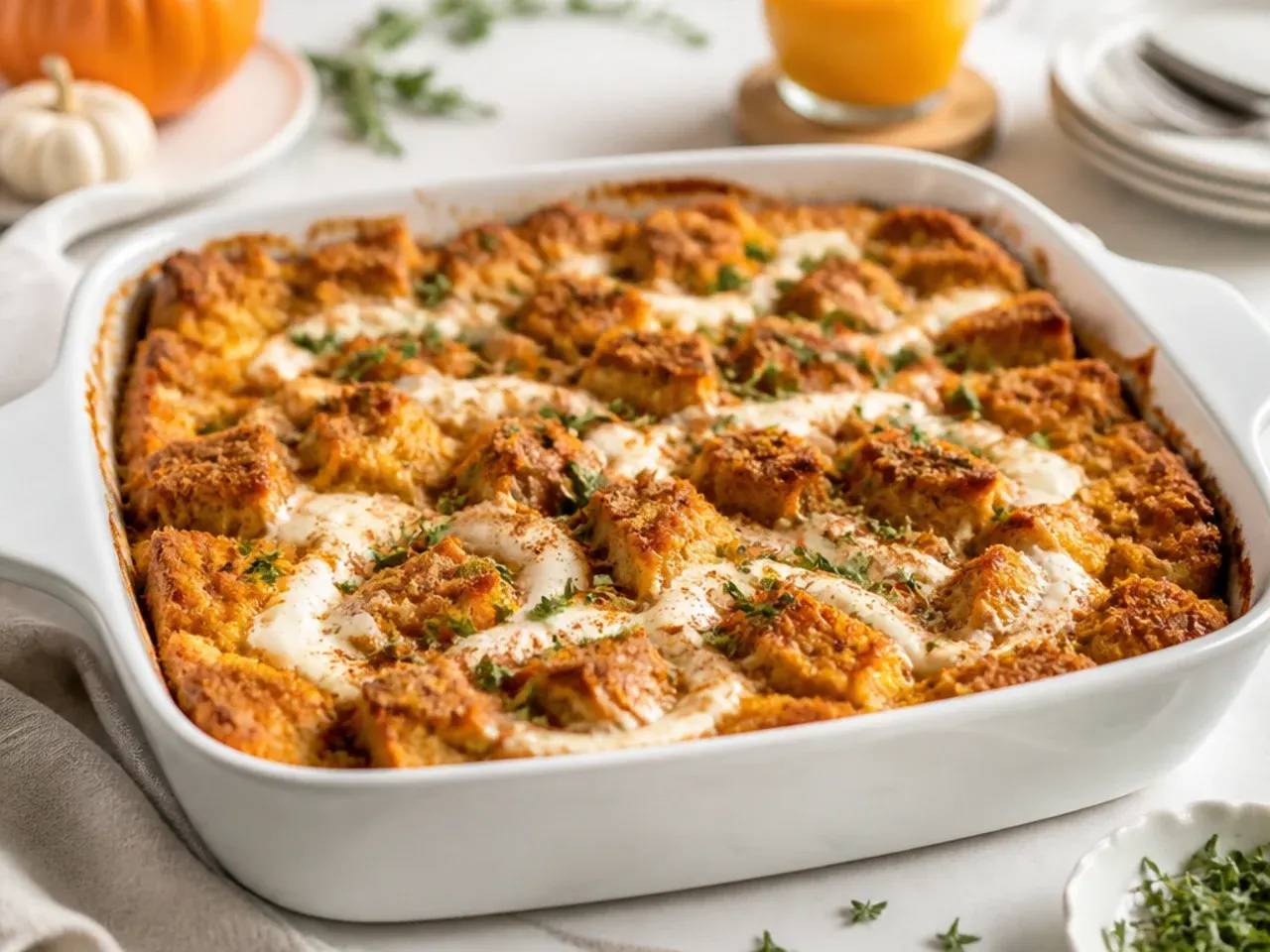 Cross-section of pumpkin french toast casserole showing swirled cream cheese pockets