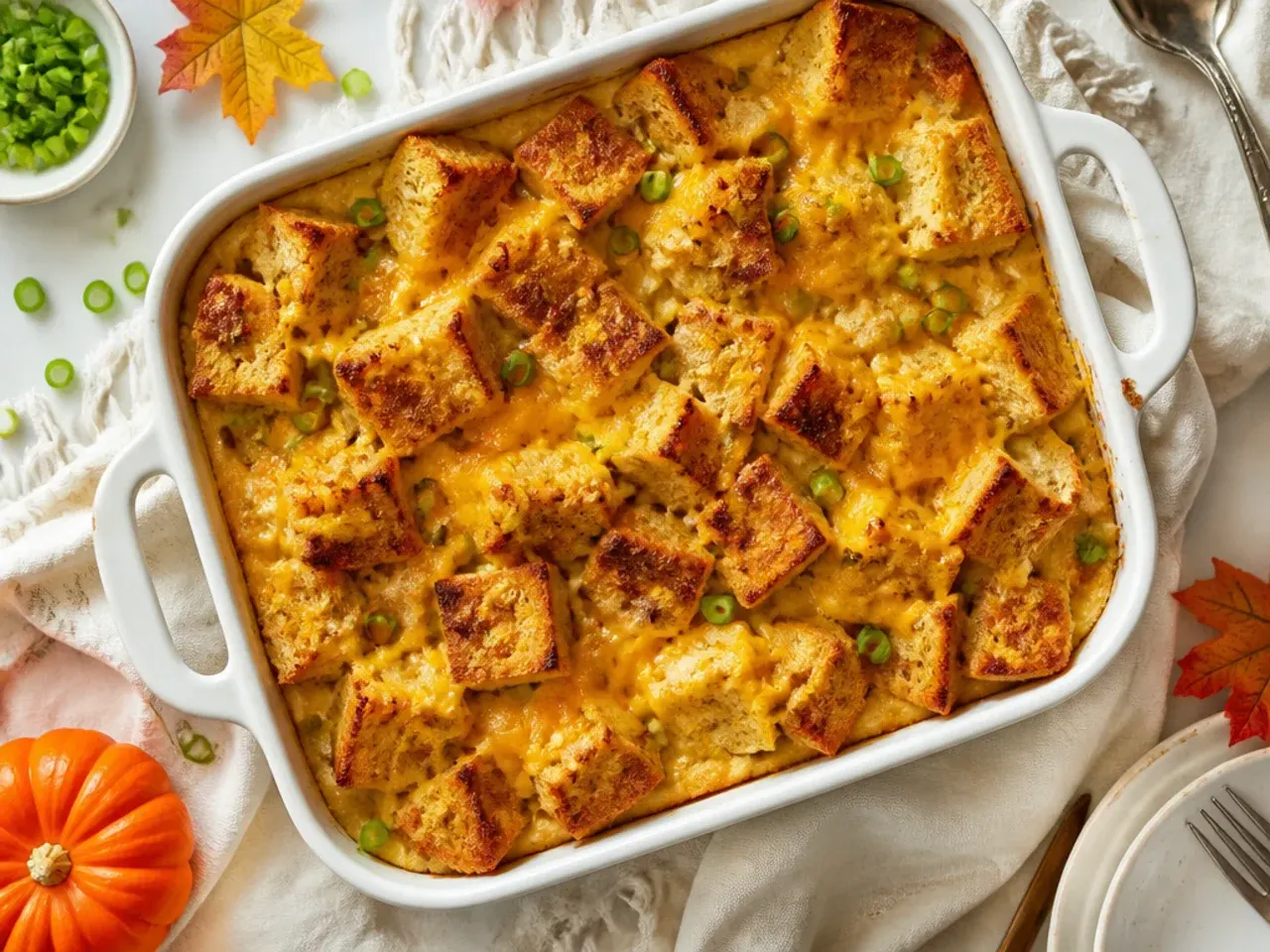 Budget pumpkin french toast casserole made with layered sandwich bread in a baking dish