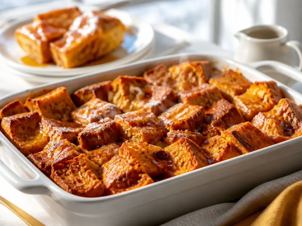 Large sheet-pan pumpkin french toast casserole cut into portions for a crowd