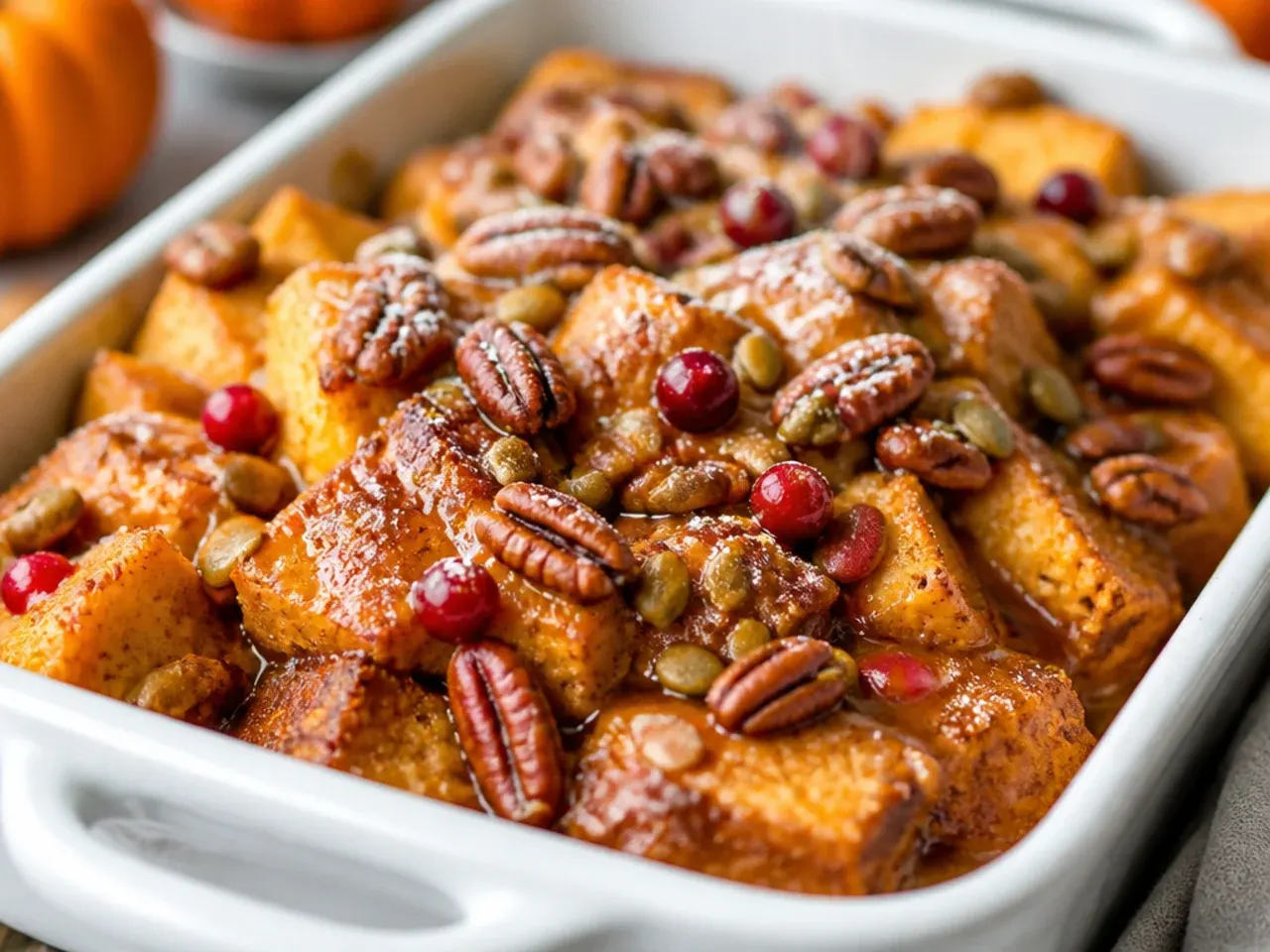 Pumpkin french toast casserole covered with cling film in the fridge, prepped the night before