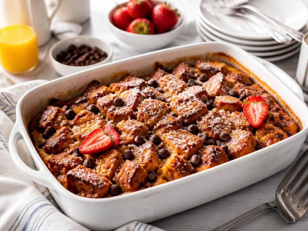 Family-style pumpkin french toast casserole with melted chocolate chips throughout