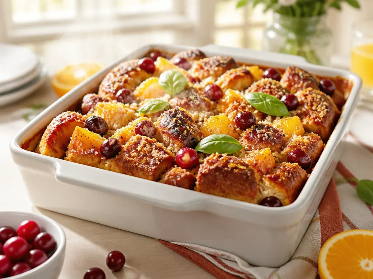 Festive pumpkin french toast casserole with cranberries, orange zest and glaze on top