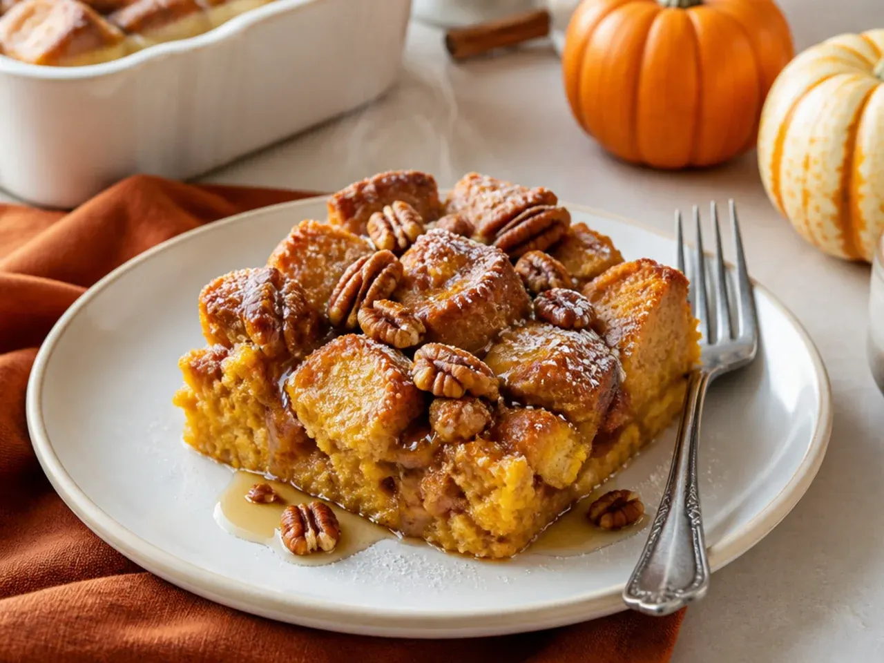 Plated slice of pumpkin french toast casserole with maple syrup, whipped cream and bacon on the side