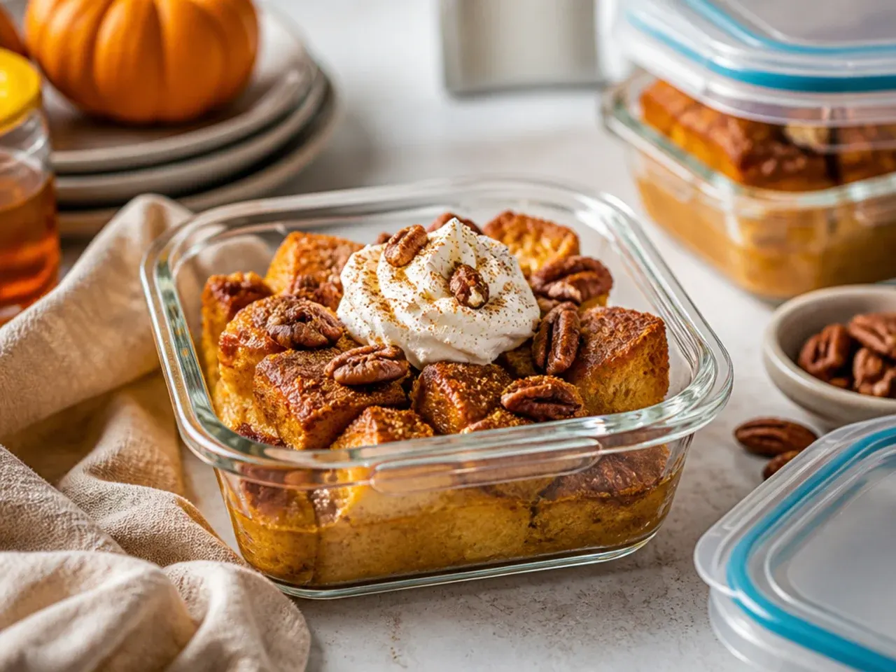 Airtight container of leftover pumpkin french toast casserole slices ready for the fridge