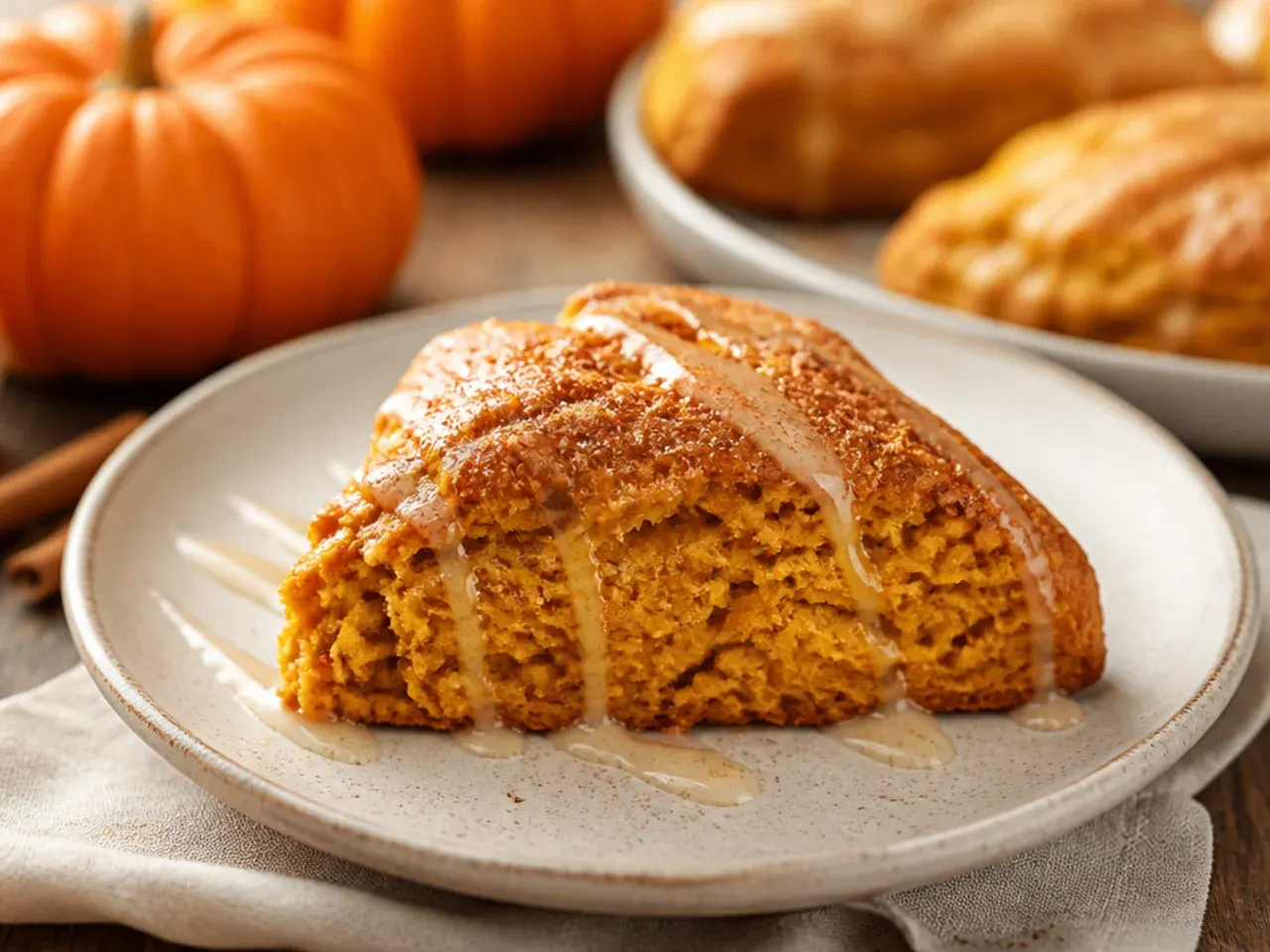 Overhead shot of glazed pumpkin scones arranged on a rustic wooden board