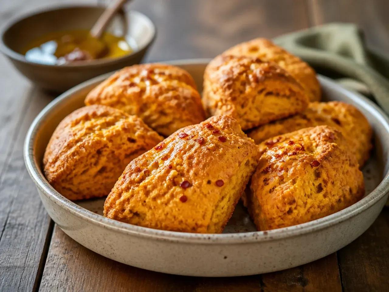 One mixing bowl of soft pumpkin scone dough ready to be shaped