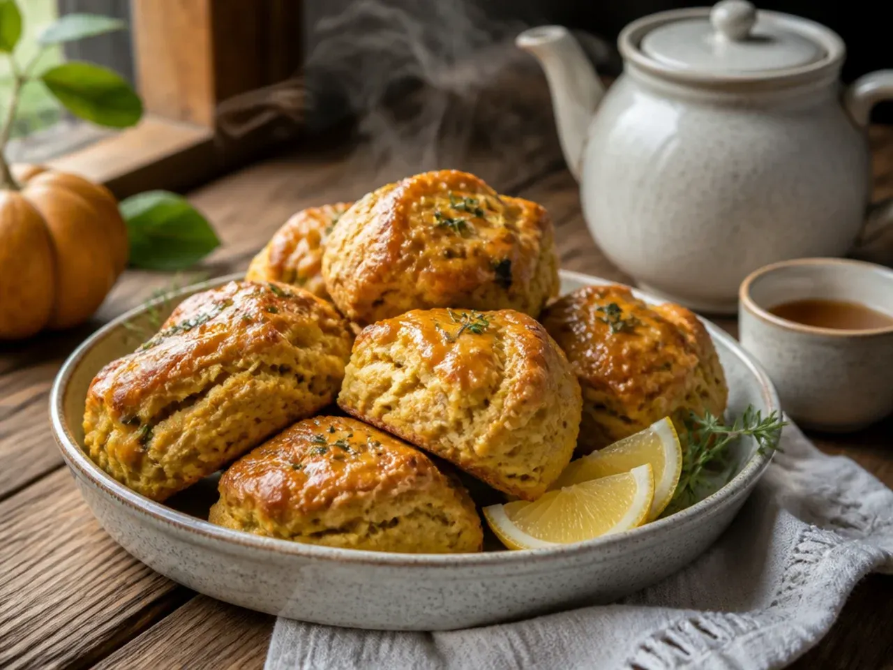 Maple-glazed pumpkin scones with syrup pooling on a plate