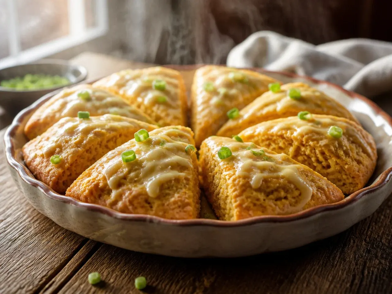 Pumpkin scones topped with thick cream cheese glaze