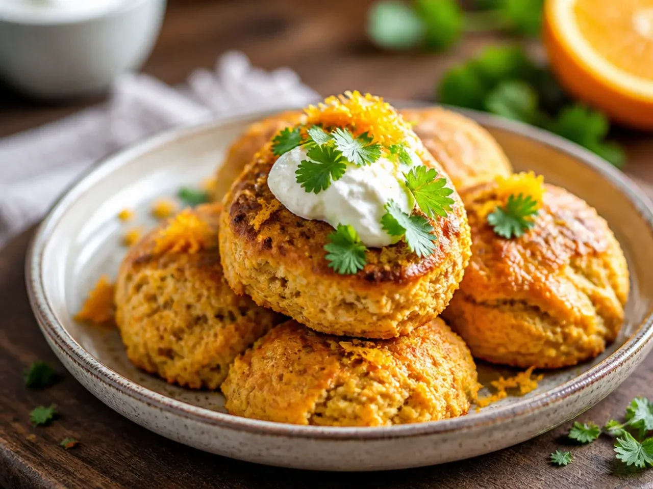 Orange-glazed pumpkin scones with orange zest scattered around
