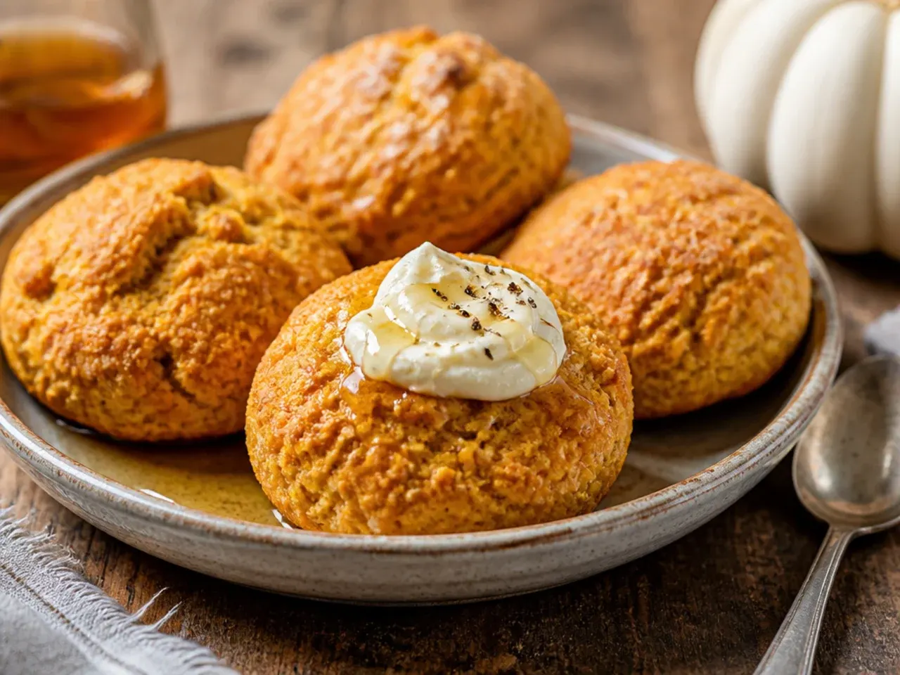 Rustic wholemeal pumpkin scones on a linen cloth