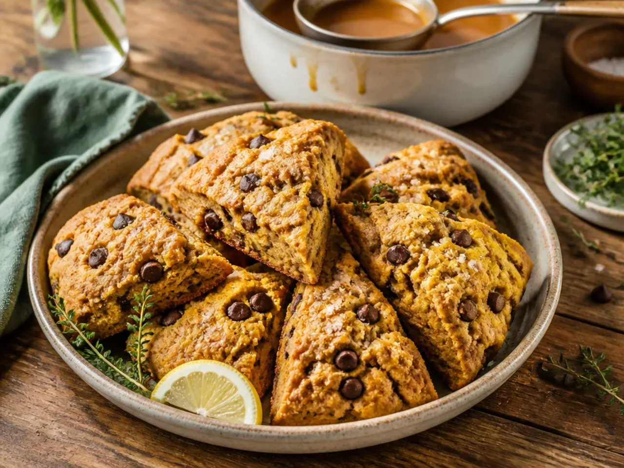 Pumpkin scone wedge broken open to show melted chocolate chips