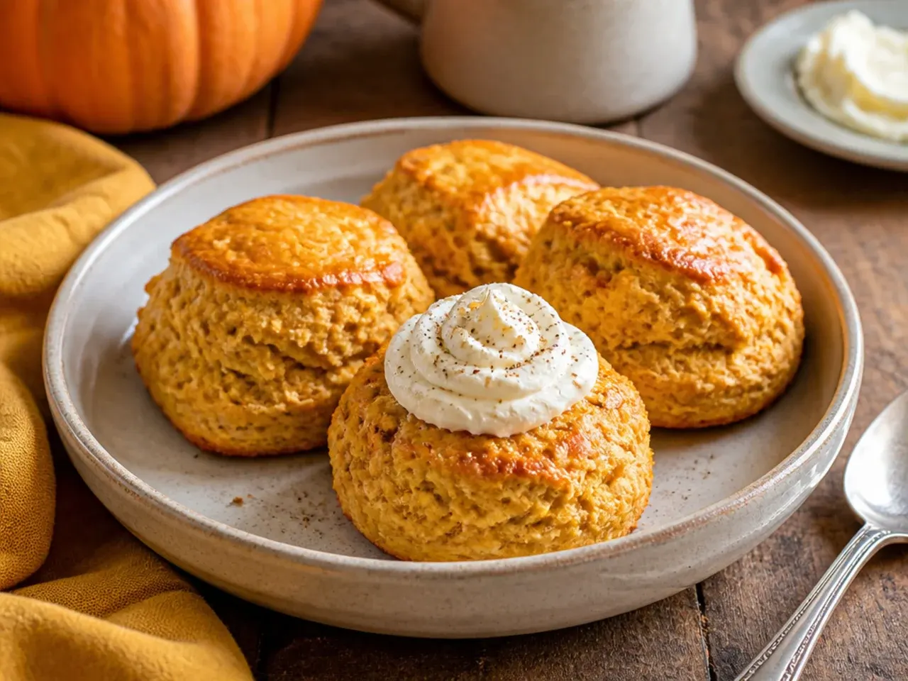 Tall buttermilk pumpkin scones with a glossy glaze