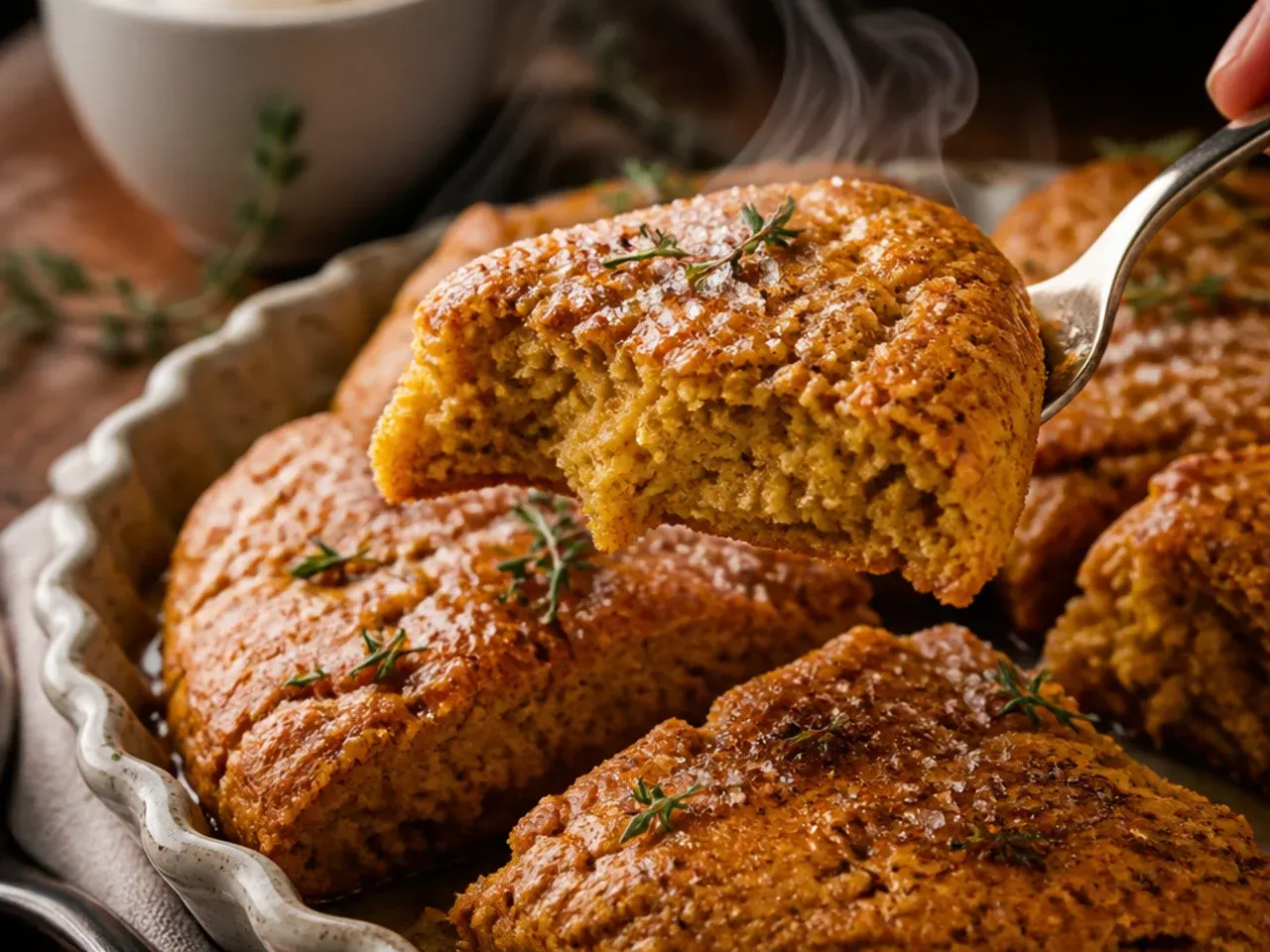 Chai-spiced pumpkin scones next to a steaming mug of tea
