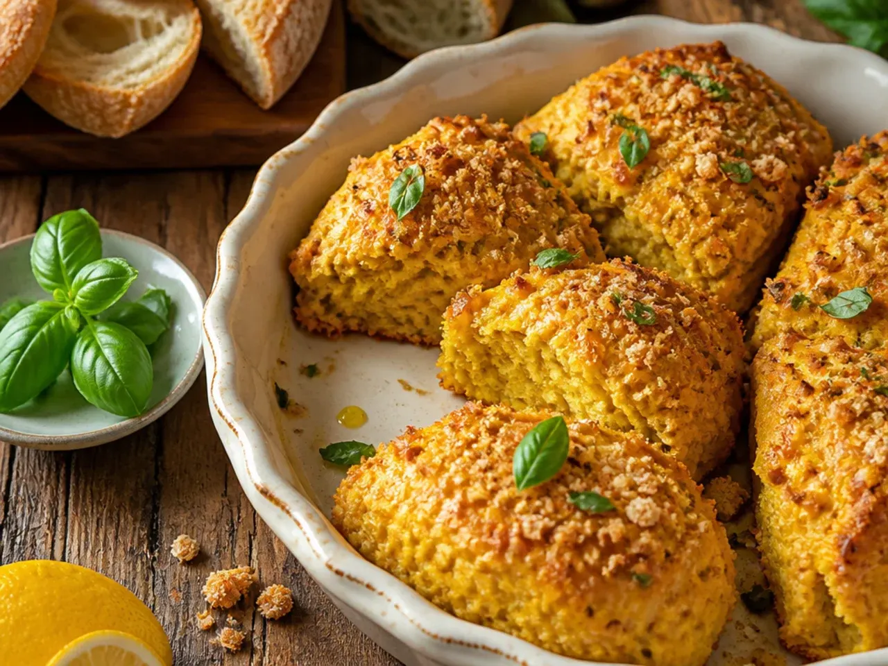 Lemon-glazed pumpkin scones with lemon slices on the side