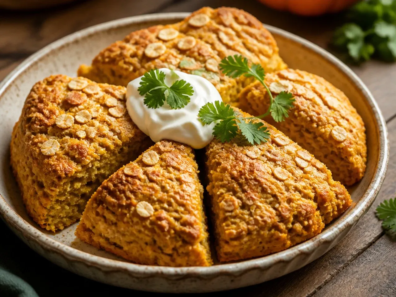 Oat-topped pumpkin scones cooling on a wire rack