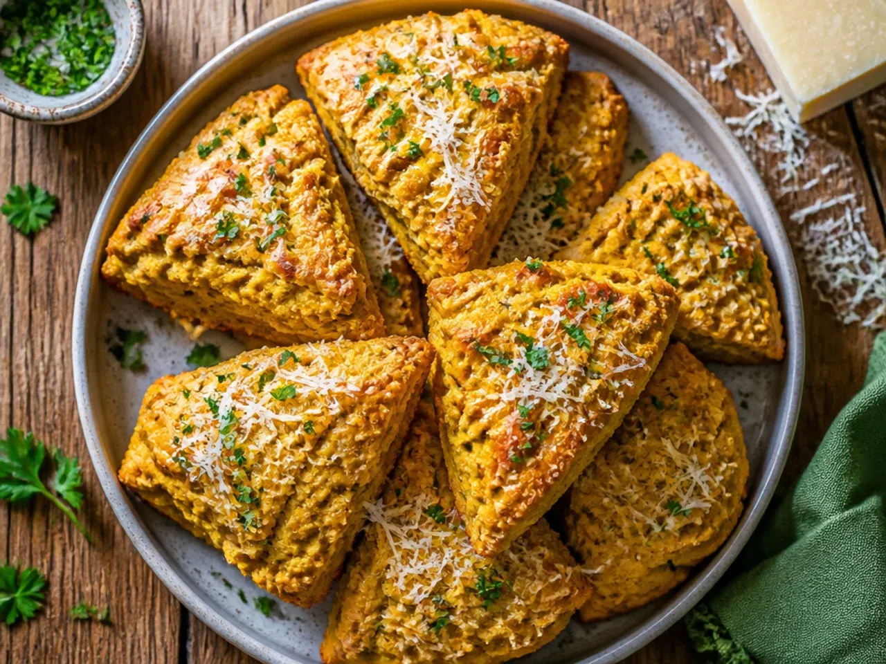 Freezer bag of pumpkin scone wedges next to a warm baked scone