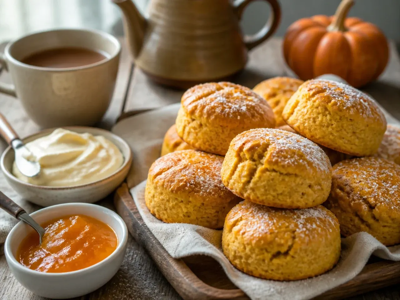 Pumpkin scones served on a plate with butter and a mug of tea