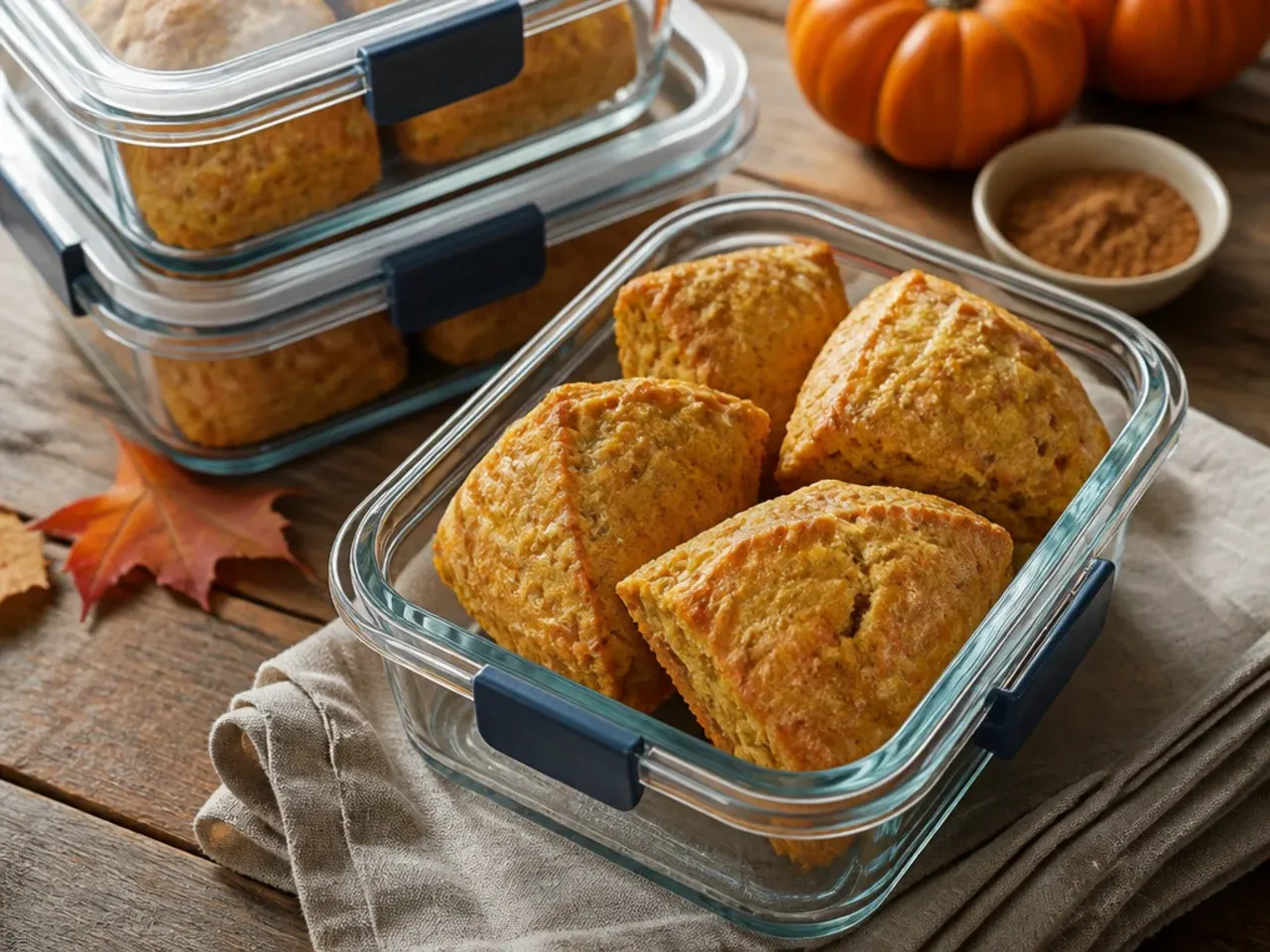 Reheated pumpkin scones on a baking tray fresh from the oven
