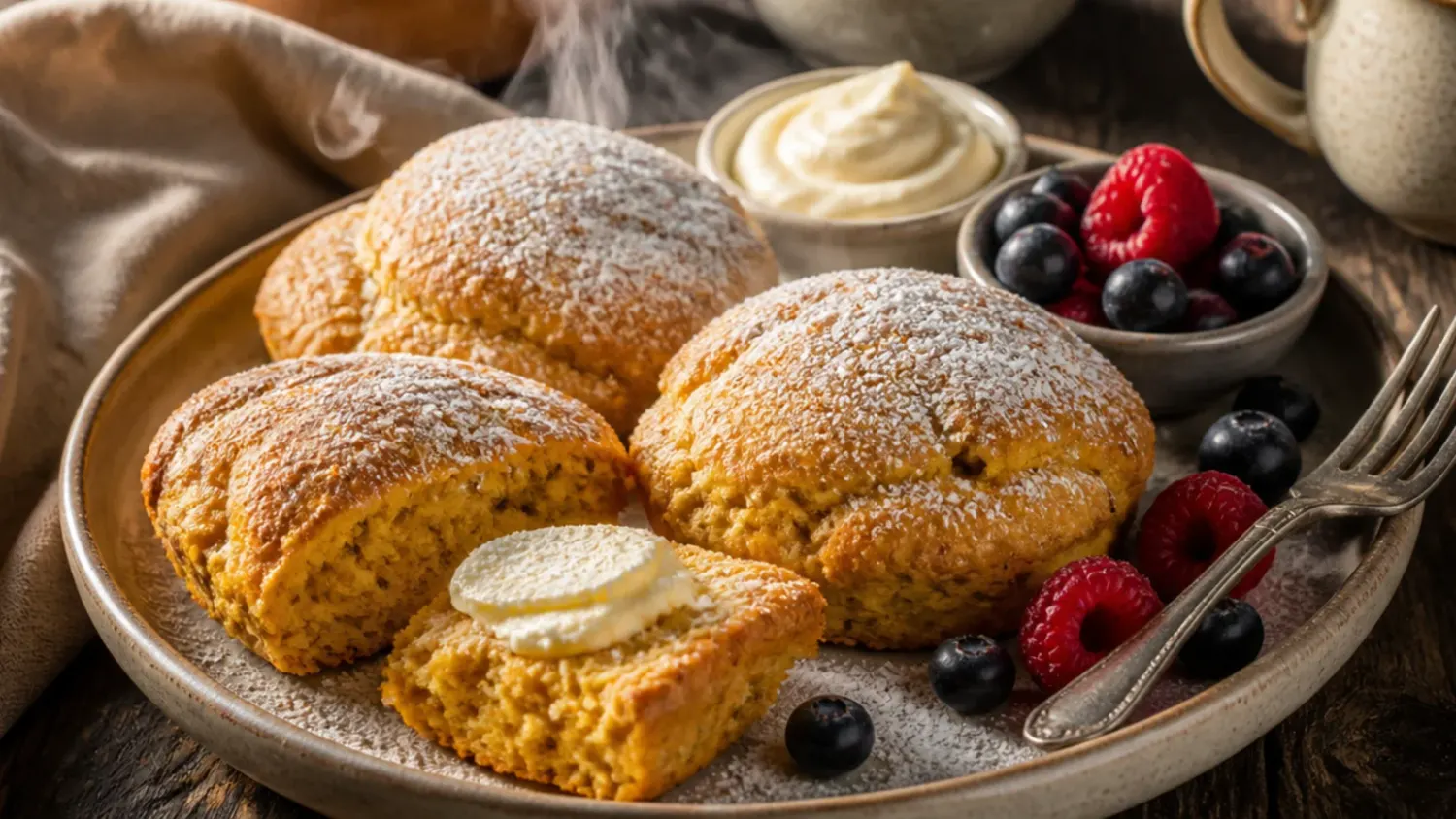 Overhead shot of glazed pumpkin scones stacked on a wooden board with a jug of maple glaze and scattered cinnamon sticks.