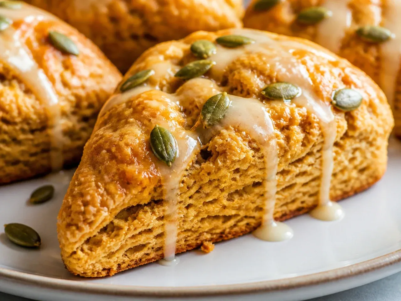 Basket of freshly baked pumpkin scones with steam rising, next to a small bowl of glaze.