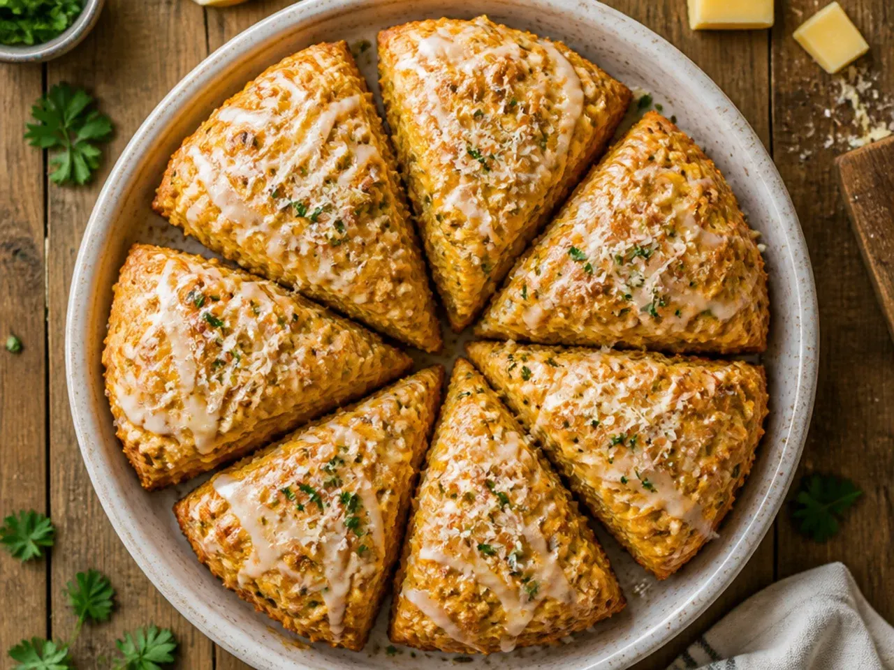 Classic iced pumpkin scone wedges drizzled with two layers of glaze on a cooling rack.