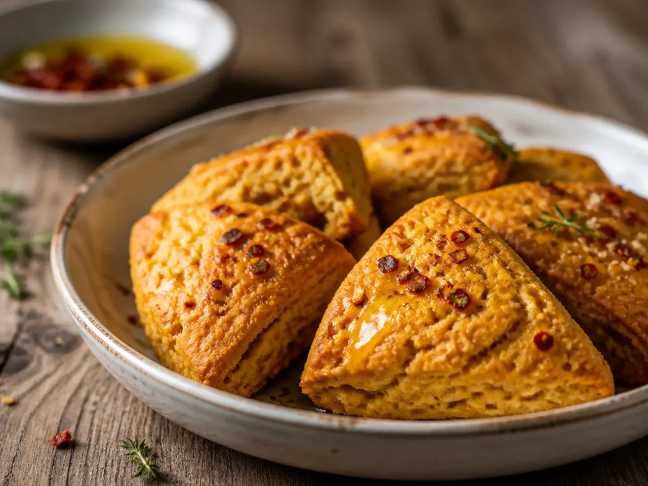 Unglazed pumpkin scone wedges on a baking tray straight from a quick weeknight batch.