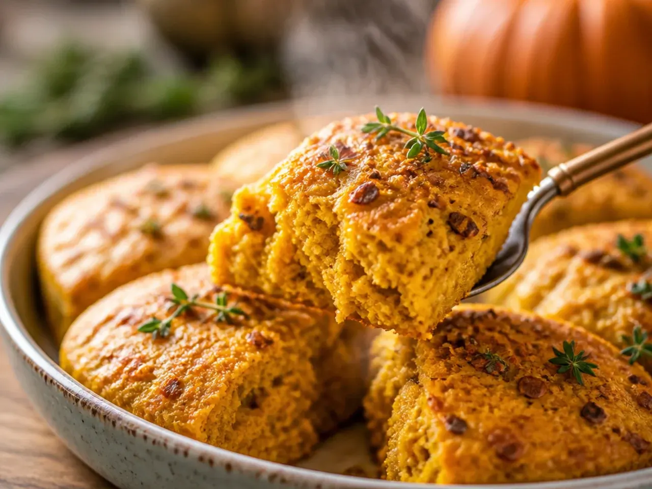 Roasted pumpkin halves next to a bowl of mashed fresh pumpkin purée for scones.