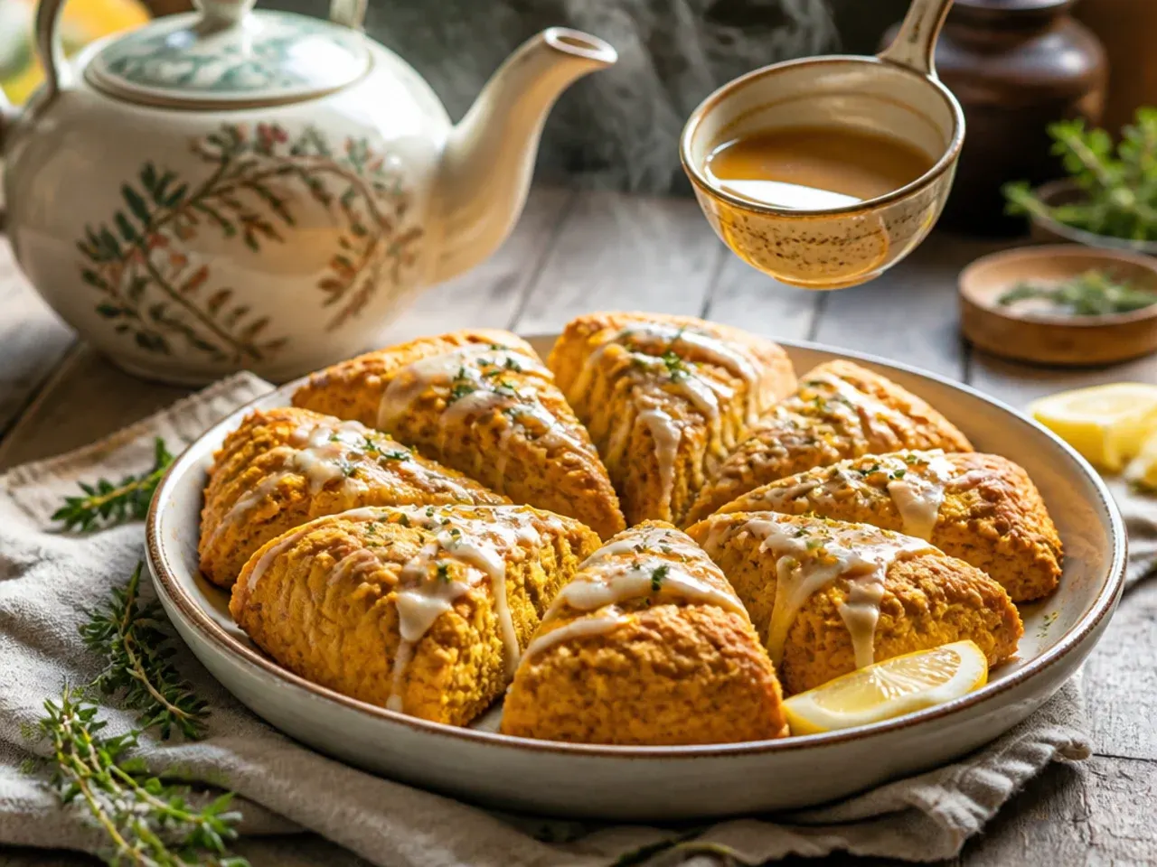 Chai-spiced pumpkin scones dusted with cinnamon next to a mug of chai tea.