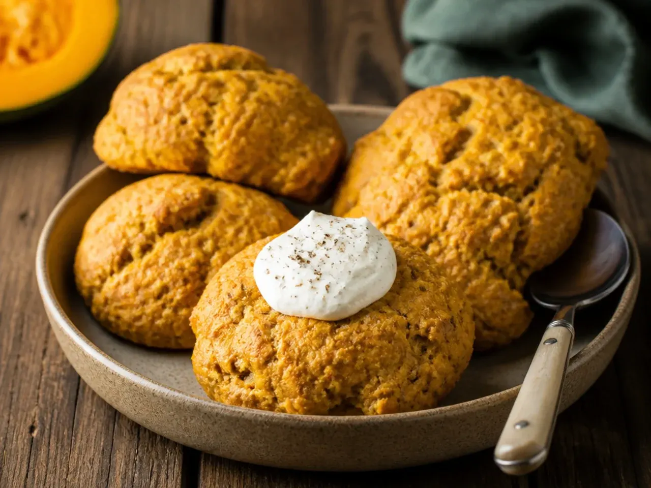 Rustic wholemeal pumpkin scones with a darker, speckled crumb visible in a halved scone.