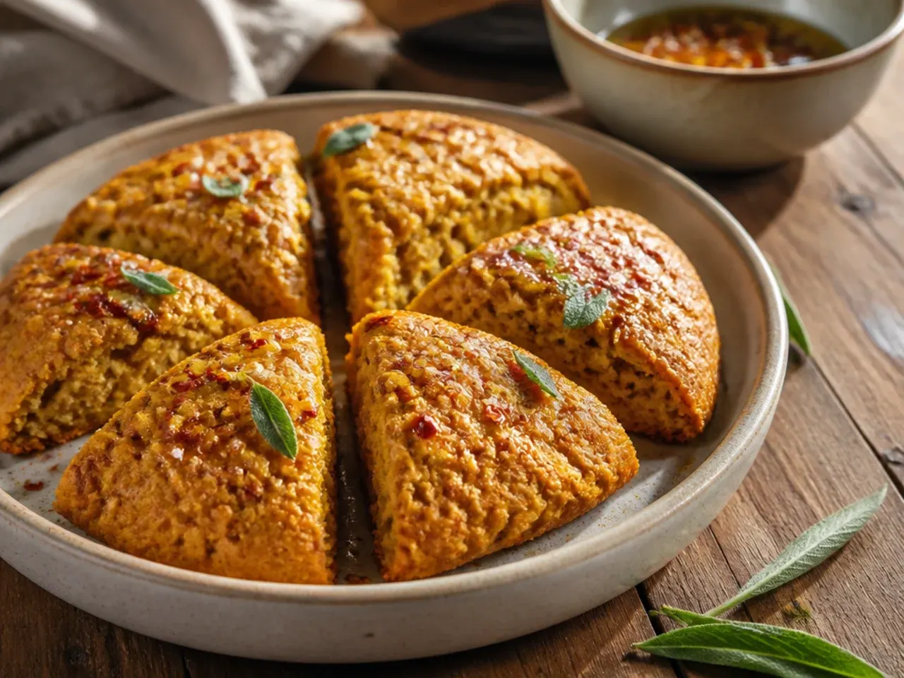 A single mixing bowl with pumpkin scone dough being folded together with a spatula.