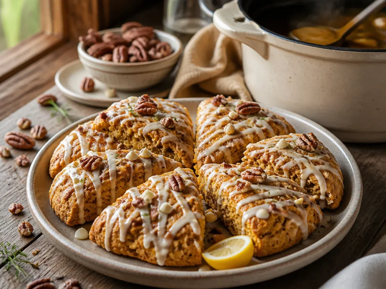Pumpkin scones studded with white chocolate chunks and chopped pecans.