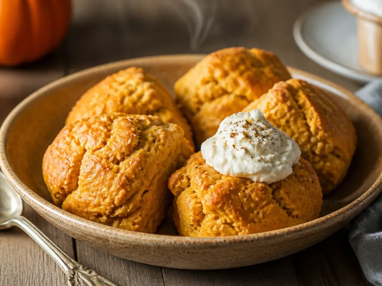 Gluten-free pumpkin scones cooling on a rack next to a bag of gluten-free flour blend.