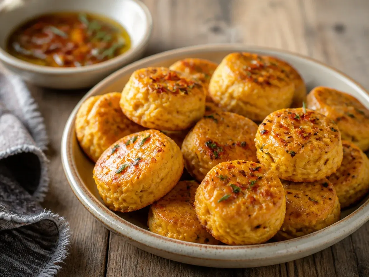 Tiny round pumpkin scones dipped in glaze, arranged on a tiered afternoon tea stand.