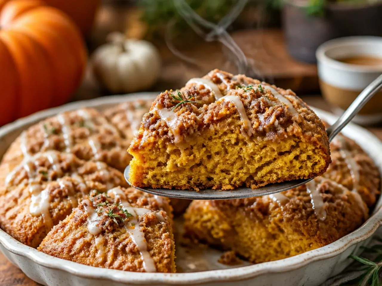 Pumpkin scones topped with golden, crumbly cinnamon streusel before baking.