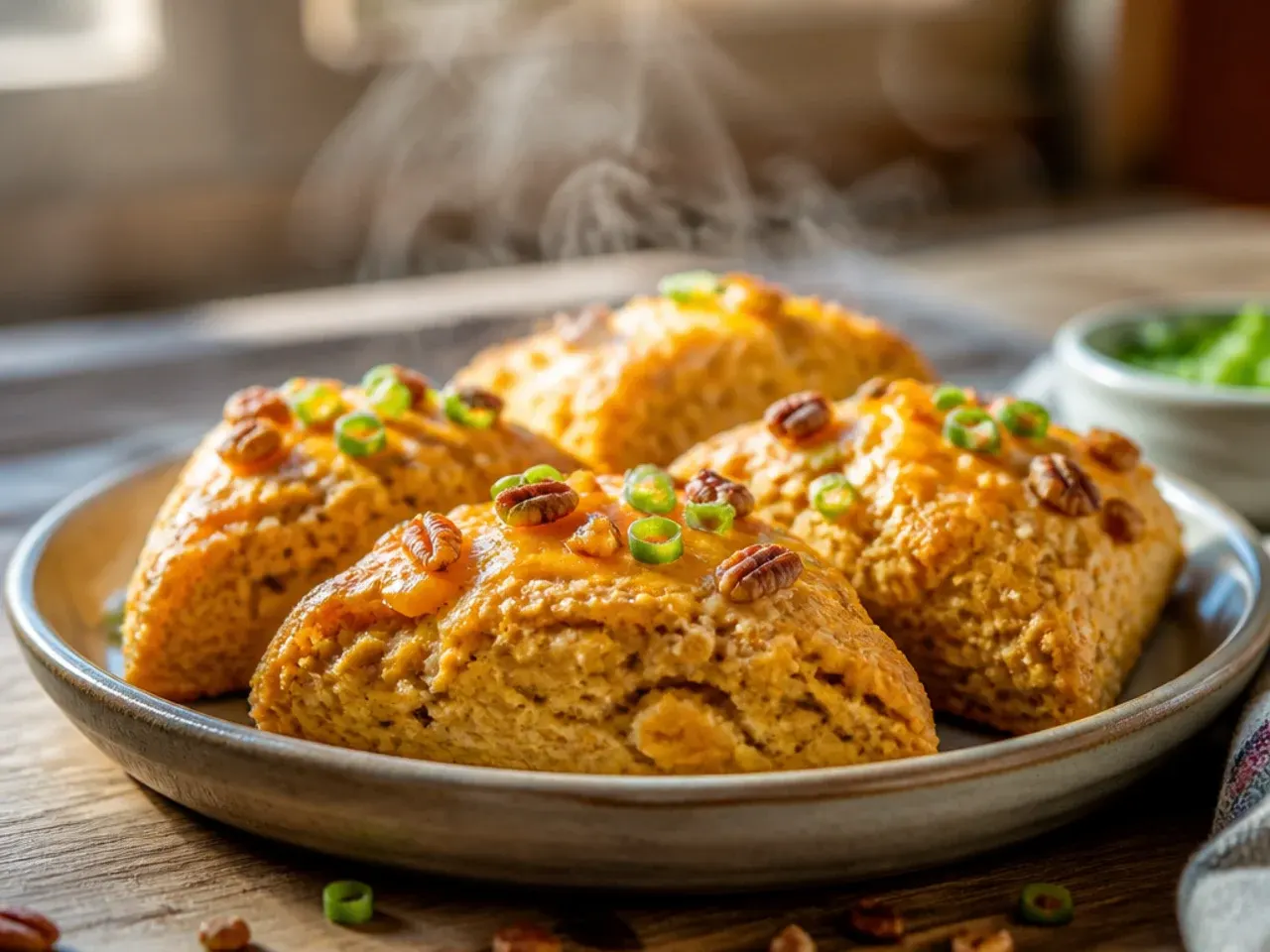 Pumpkin scones drizzled with maple glaze and topped with chopped toasted pecans.