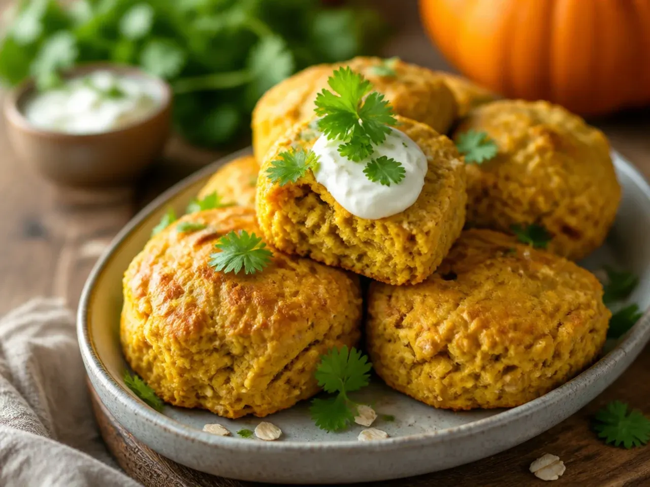 Oat-topped pumpkin scones with visible rolled oats pressed into the glaze.