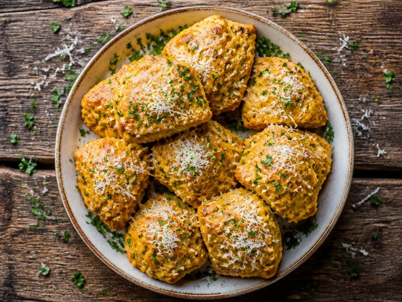 Pumpkin scones arranged in a single layer inside an air fryer basket.