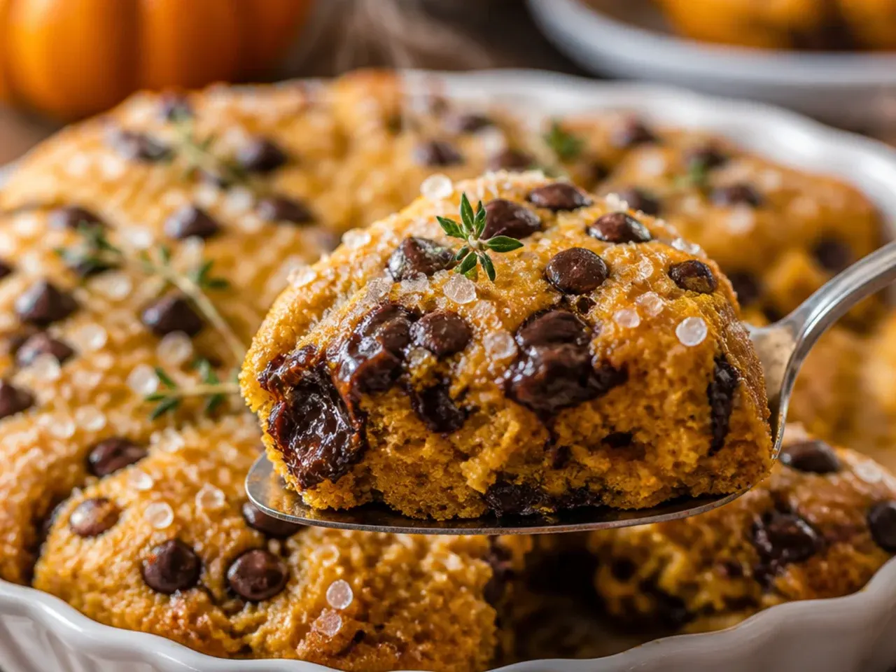 Pumpkin scones studded with melty dark chocolate chips, split open to show the crumb.