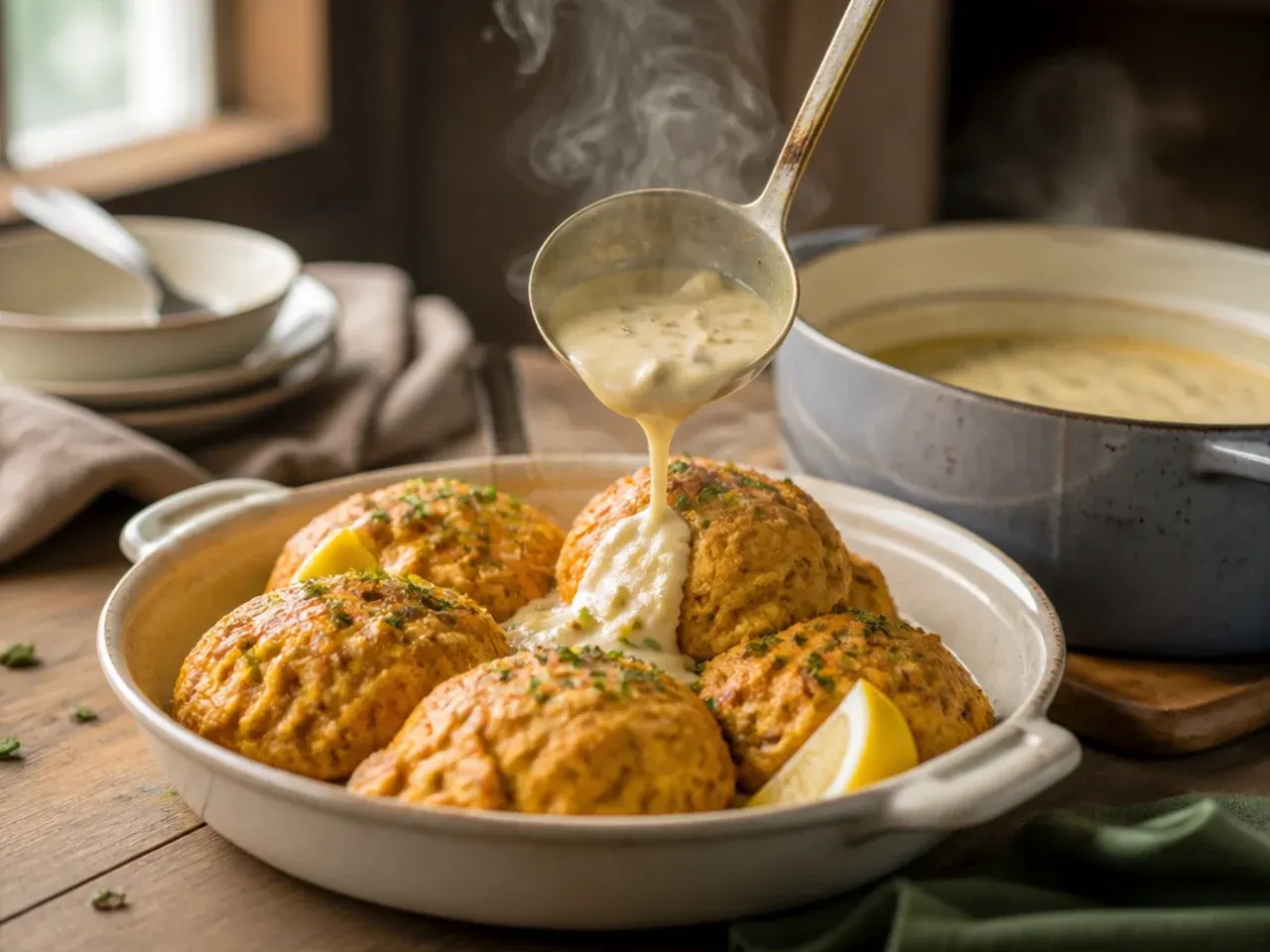 A traditional cream tea spread with split pumpkin scones, clotted cream, and jam.