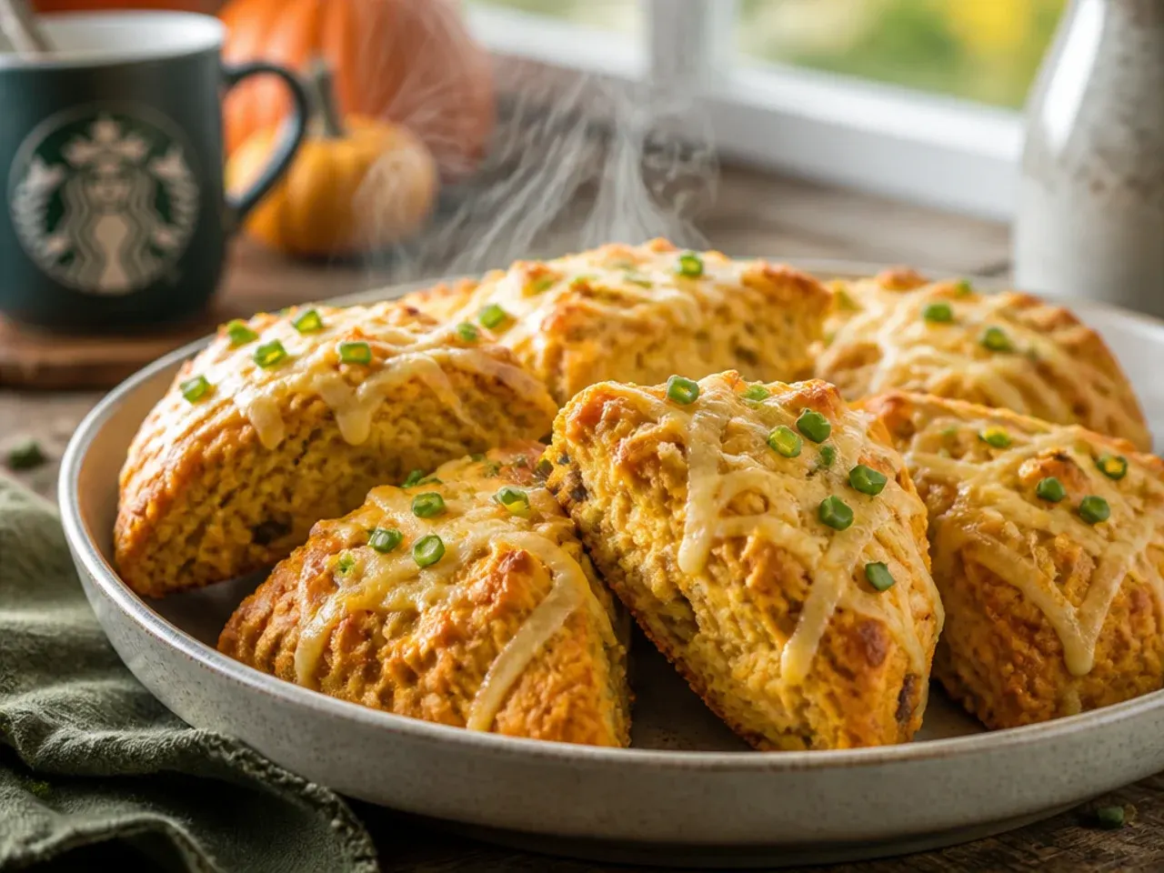Dense, deep golden-brown pumpkin scones with a two-tone glaze, copycat bakery style.