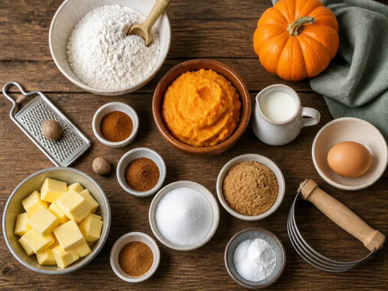 Close-up of frozen butter being grated into a bowl of flour for pumpkin scones.